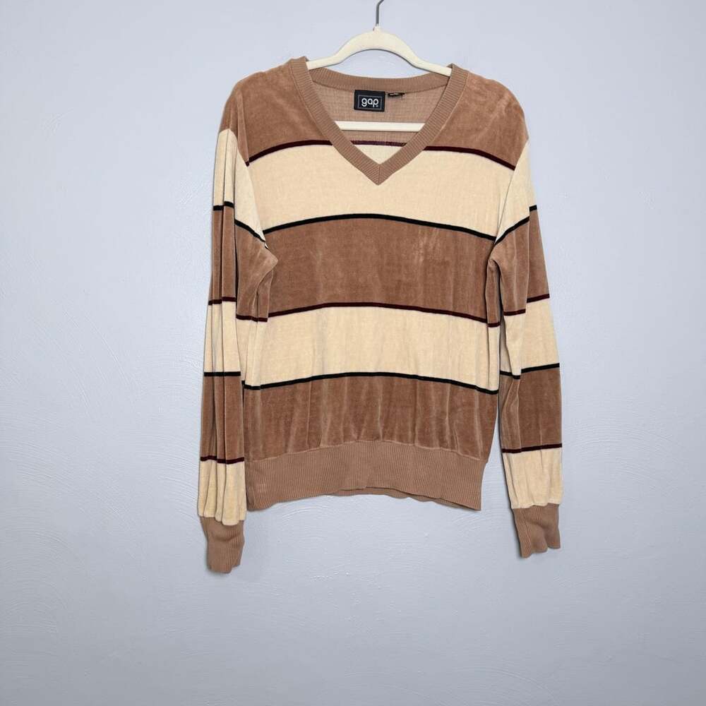 Vtg Gap Striped V-Neck Sweater Size XL Brown Striped Cotton Blend